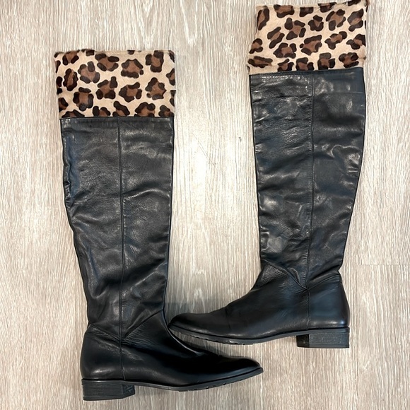Stuart Weitzman Womens Knee High Black Boots With Leopard Fur Size 9.5 - Picture 1 of 7